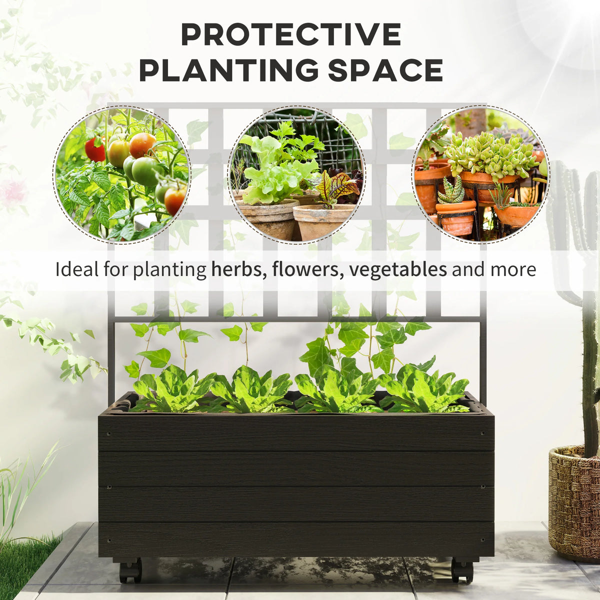 Outdoor Planter with Trellis and Wheels Wooden Raised Planter Box