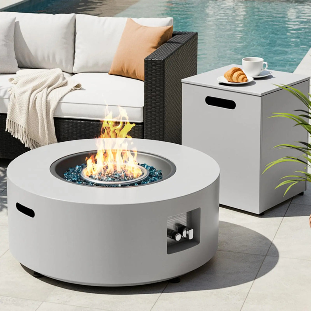 Propane Fire Pit Set - 30" Round Fire Table & Tank Holder, 50,000 BTU Outdoor Fire Pit with Cover, 304 Stainless Burner