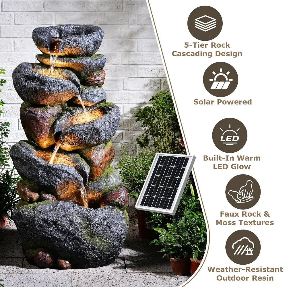 5 Tier Rock Solar Water Fountain With Lights For Outdoor Garden