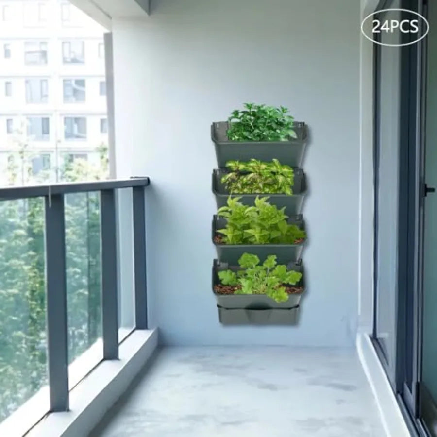 24 Pocket Vertical Wall Hanging Planter for Indoor/Outdoor Use, Army Green PP Material, Auto Drip Irrigation, 154lbs Max Load,