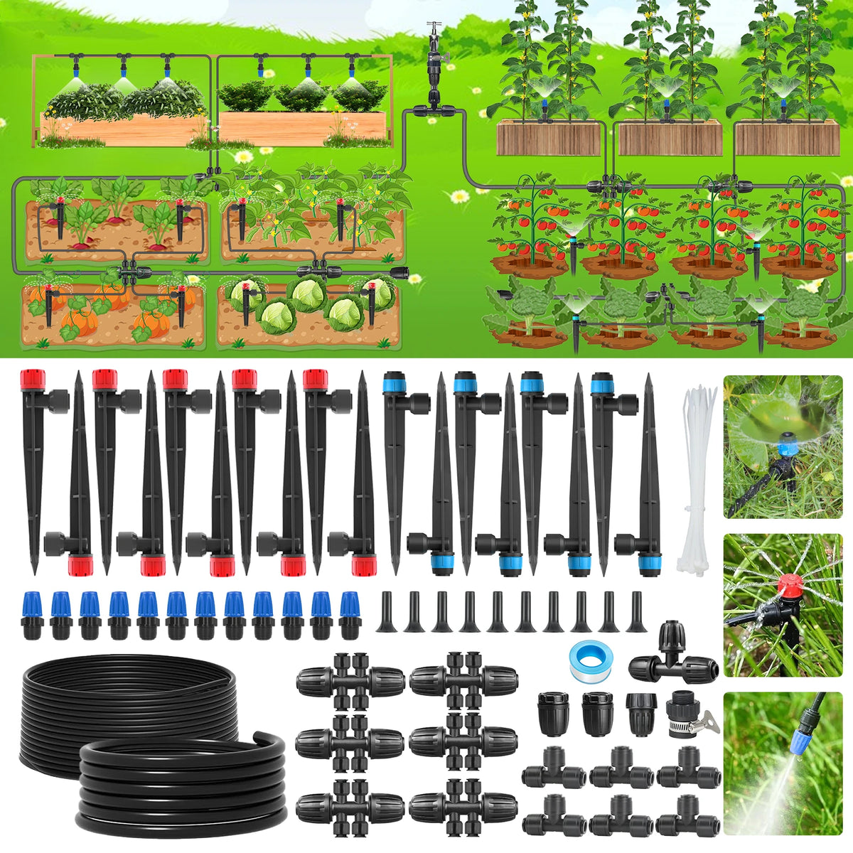 Drip Irrigation Kit for Garden Plants, Adjustable Watering System with Hose and Emitters, DIY Micro Irrigation Set