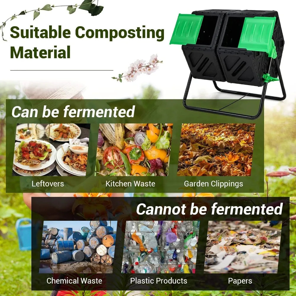 Dual Chamber Compost Tumbler With 360 Degree Rotation BPA Free For Outdoor Use