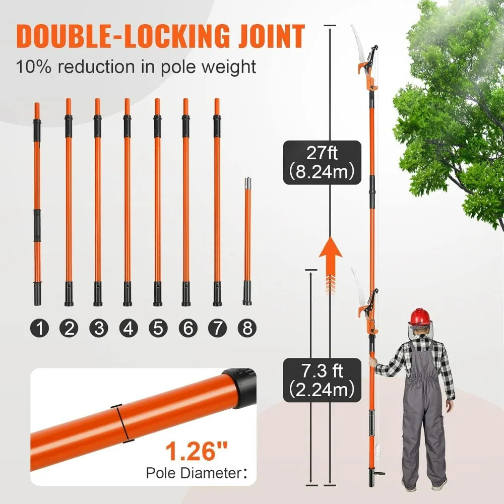 VEVOR 7.3-27 ft Extendable Pole Saw 8 Fiberglass Handles Steel Blade Scissors Tree Pruner for Palms Shrubs