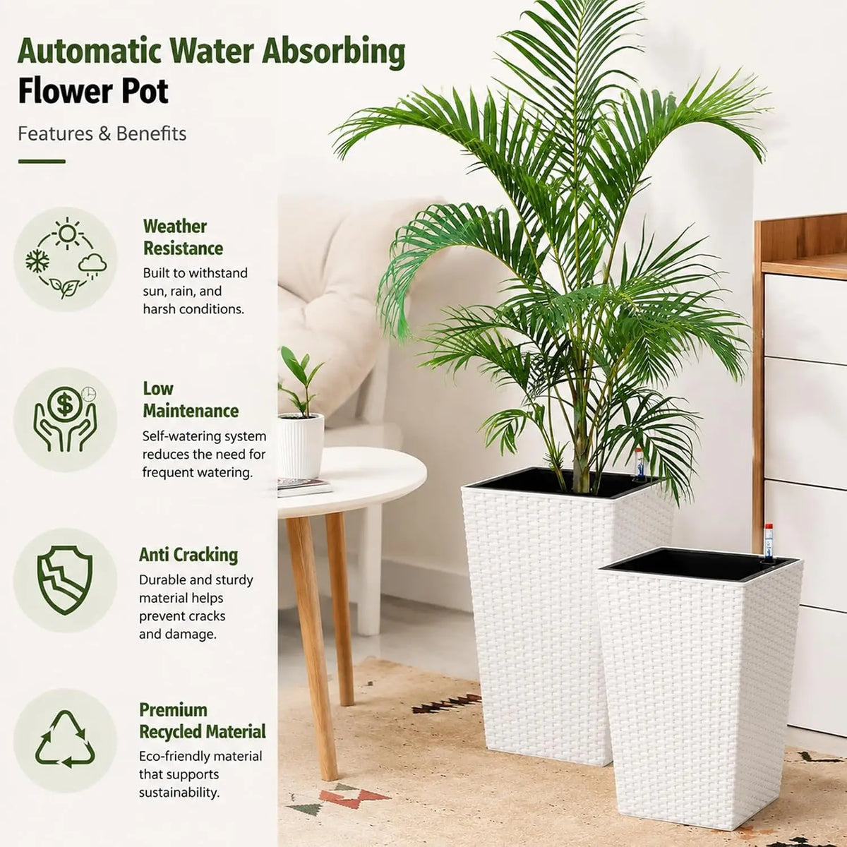 Tacleekii  16" Tall Plastic Rattan Planters 2 Pack Tall White Planters for Indoor with Includes 2 Matching Trays Built‑in Water Level Monitor and Smooth‑rolling Casters for Living Room Home Office