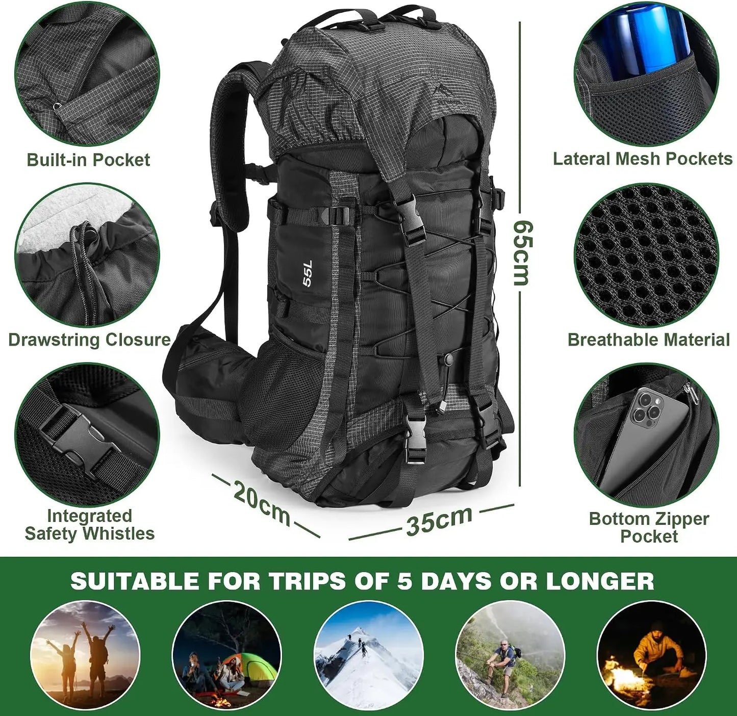 Complete Hiking Camping Backpack Set with Inflatable Sleeping Pad, Trekking Poles, Monocular, Water Filter Bottle & LED Headlamp - Outdoor Adventure Gear
