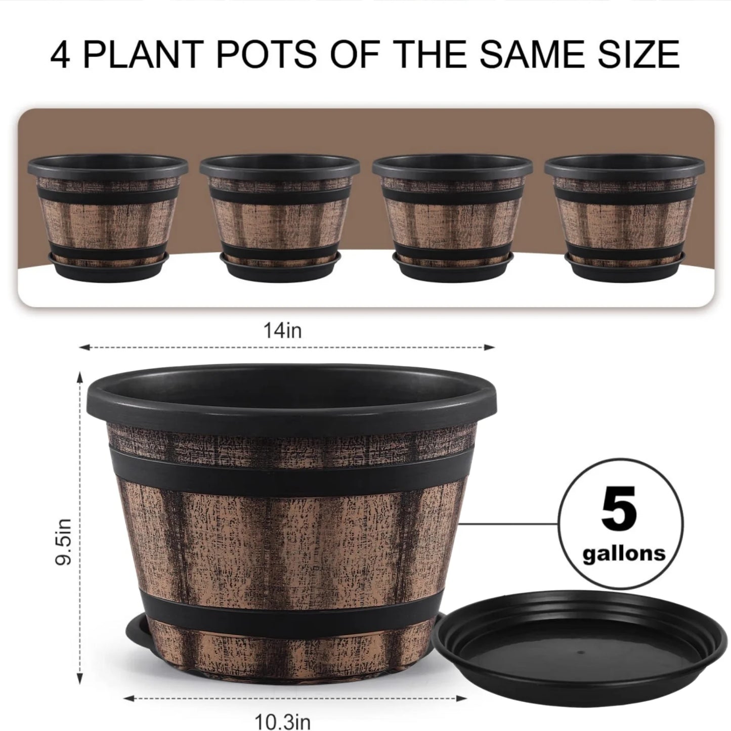 Plant Pots Set of 4 Pack,Large Whiskey Barrel Planters with Drainage Holes & Saucer.Plastic Flower Pots Imitation Wine Barrel Design, for Indoor & Outdoor Garden Home Plants