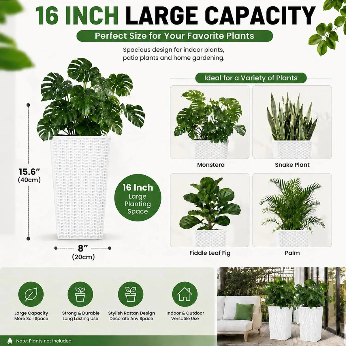 Tacleekii  16" Tall Plastic Rattan Planters 2 Pack Tall White Planters for Indoor with Includes 2 Matching Trays Built‑in Water Level Monitor and Smooth‑rolling Casters for Living Room Home Office