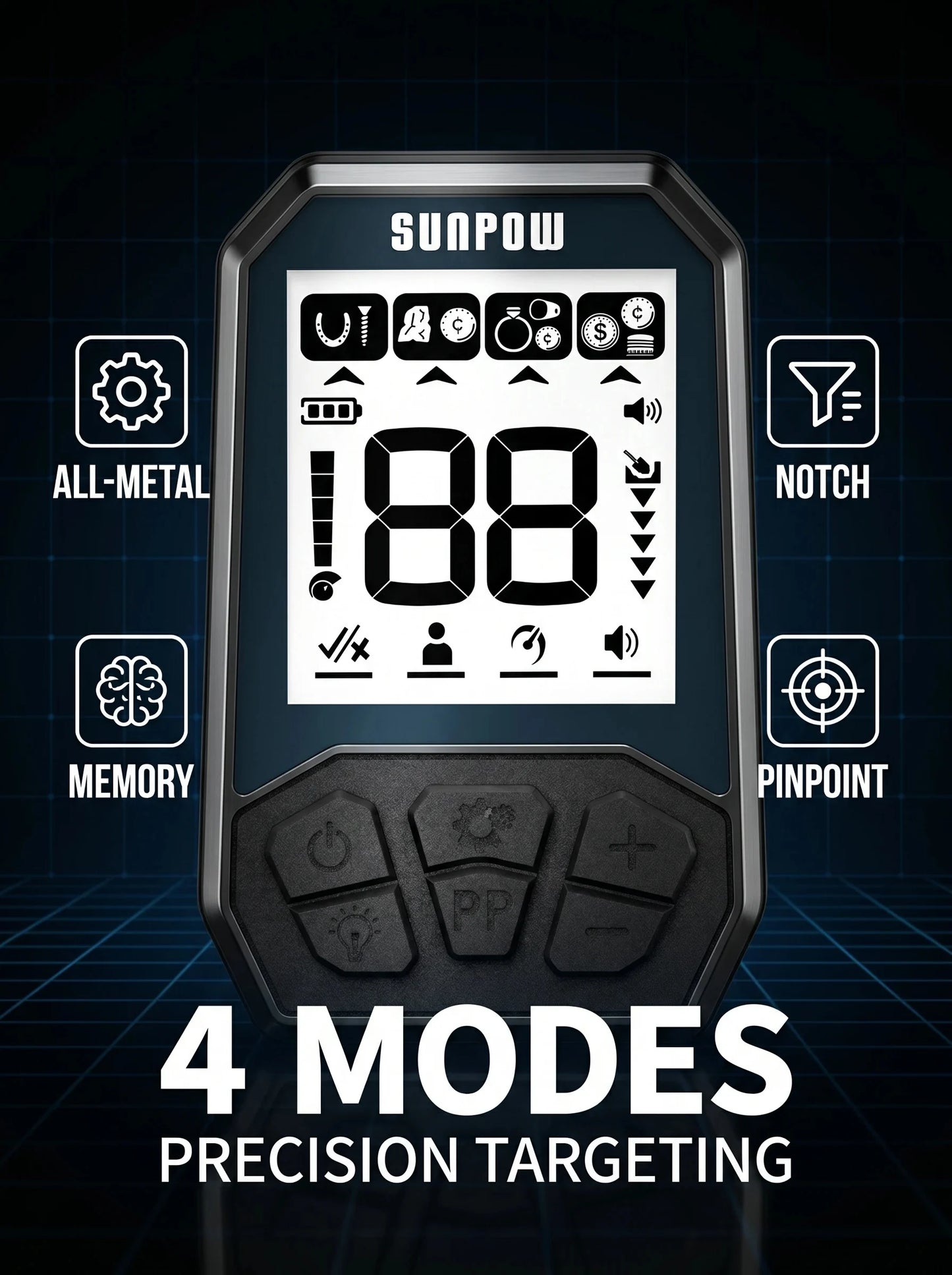 SUNPOW Metal Detector, Entry Level for Kids & Adults, 8" IP68 Waterproof Coil, Rechargeable 4 Modes 20H Runtime Lightweight LCD, Family Outdoor Beach Treasure Hunting