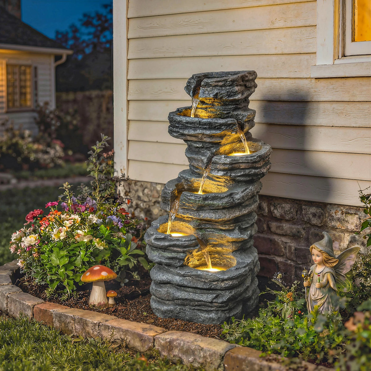 Outsunny Outdoor Fountain with Cascading Waterfall, 40", Gray