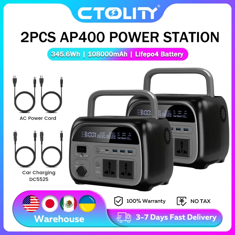 CTOLITY 500W Portable Power Station 345.6Wh LiFePO4 AP400 Solar Generator
