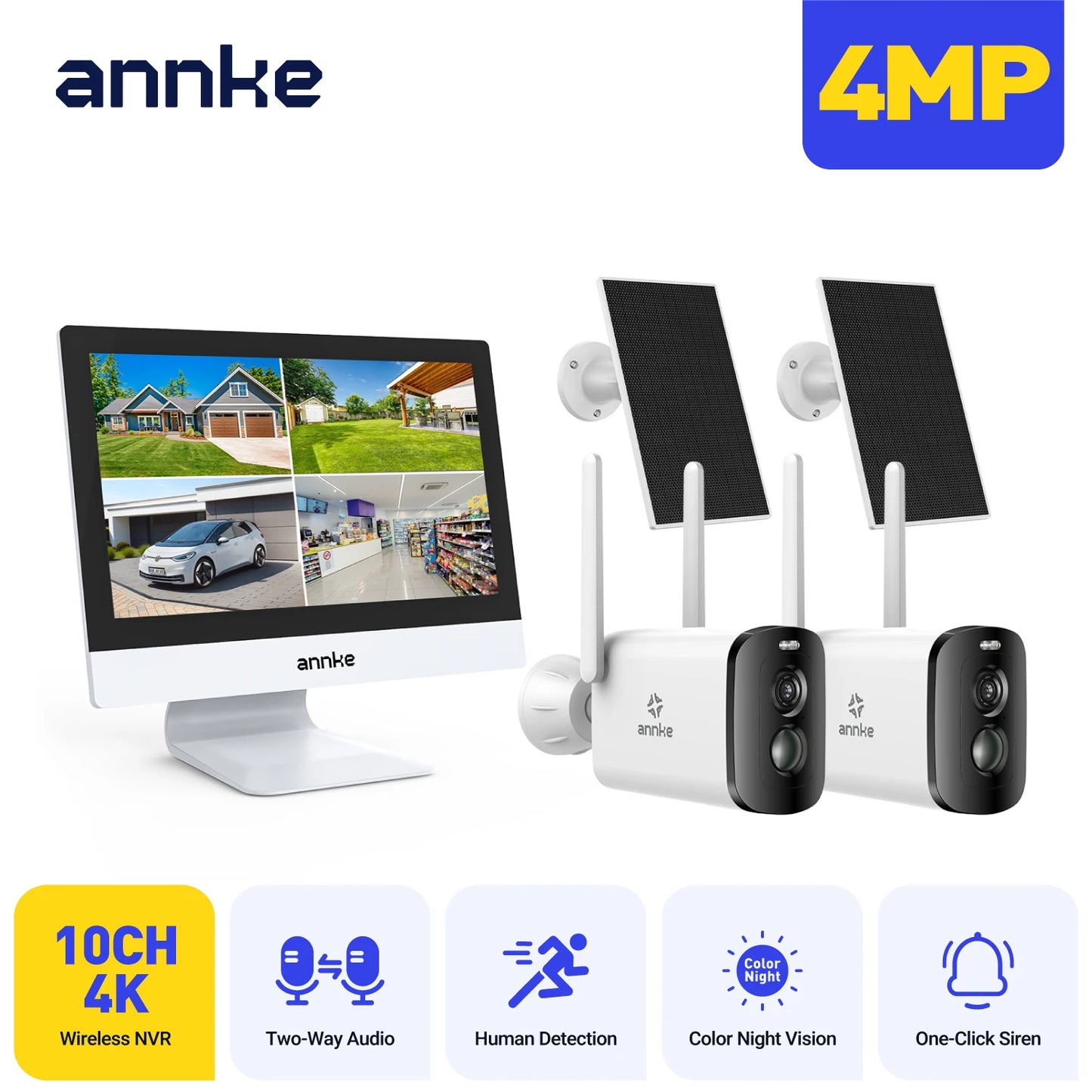Annke 4MP solar security cameras 10CH 12 in LCD 2.4G 5.8G PTZ wifi security cameras PIR color night vision camera security wifi