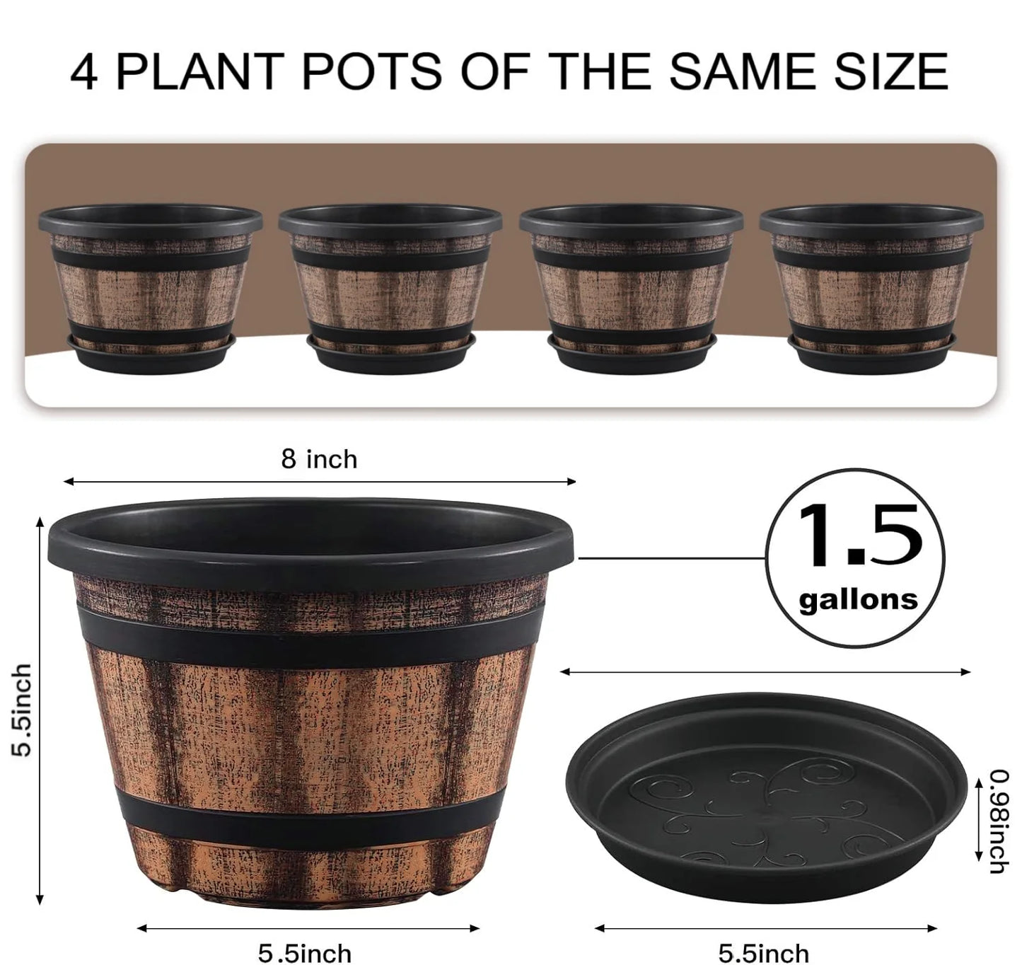 Plant Pots Set of 4 Pack,Large Whiskey Barrel Planters with Drainage Holes & Saucer.Plastic Flower Pots Imitation Wine Barrel Design, for Indoor & Outdoor Garden Home Plants
