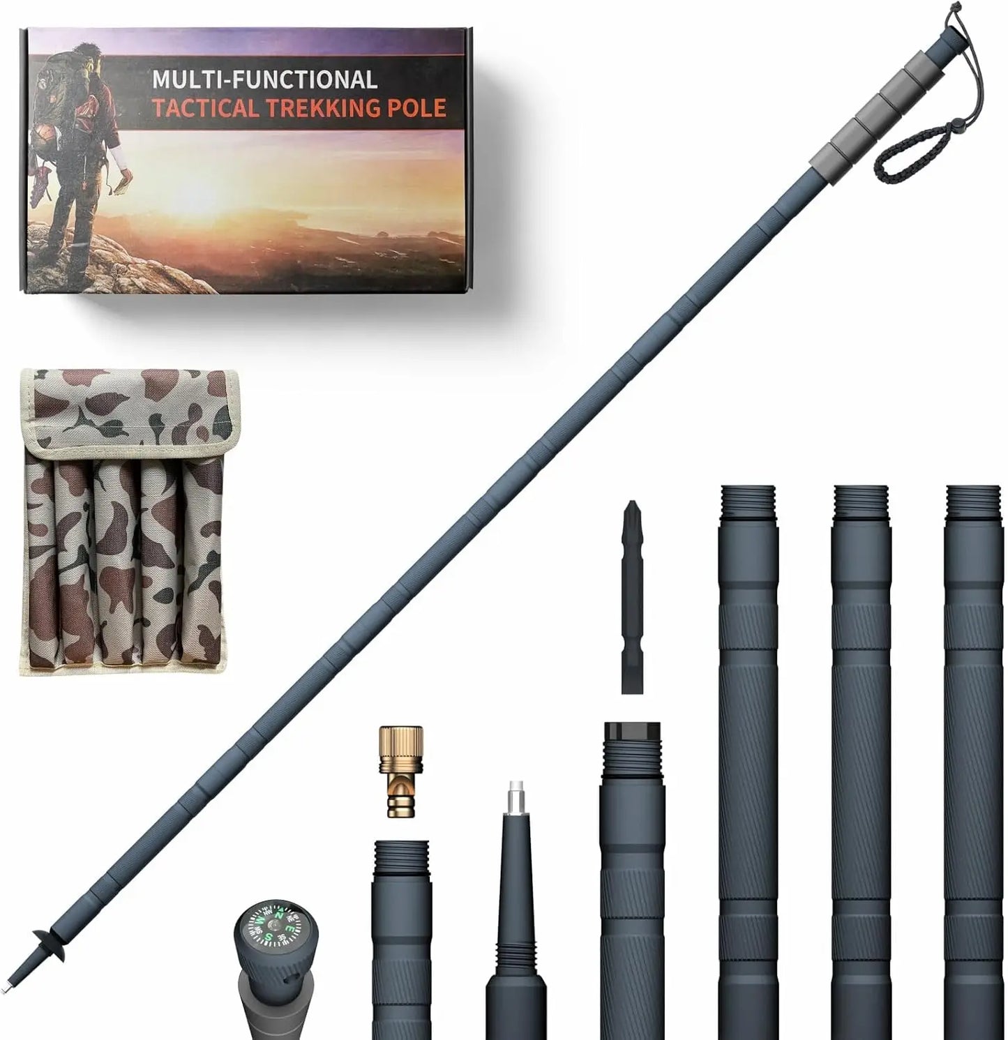 48' Modular Tactical Hiking Stick – 6-Piece Walking Stick with Compass, Screwdriver & Whistle, Tungsten Tip, Carry Pouch for Tra
