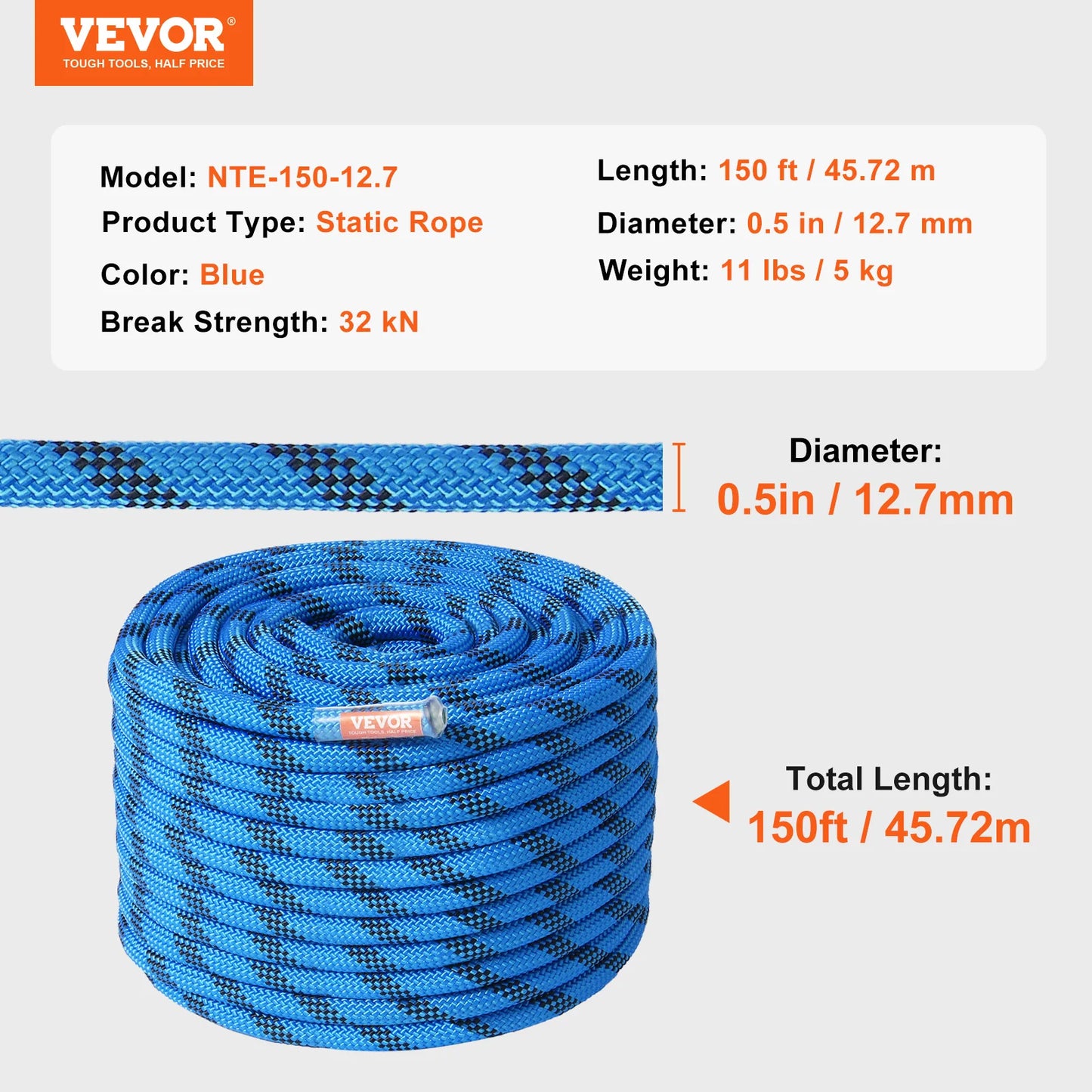 VEVOR Static Climbing Rope 32 Kilonewton Breaking Strength With Steel Snap Hooks
