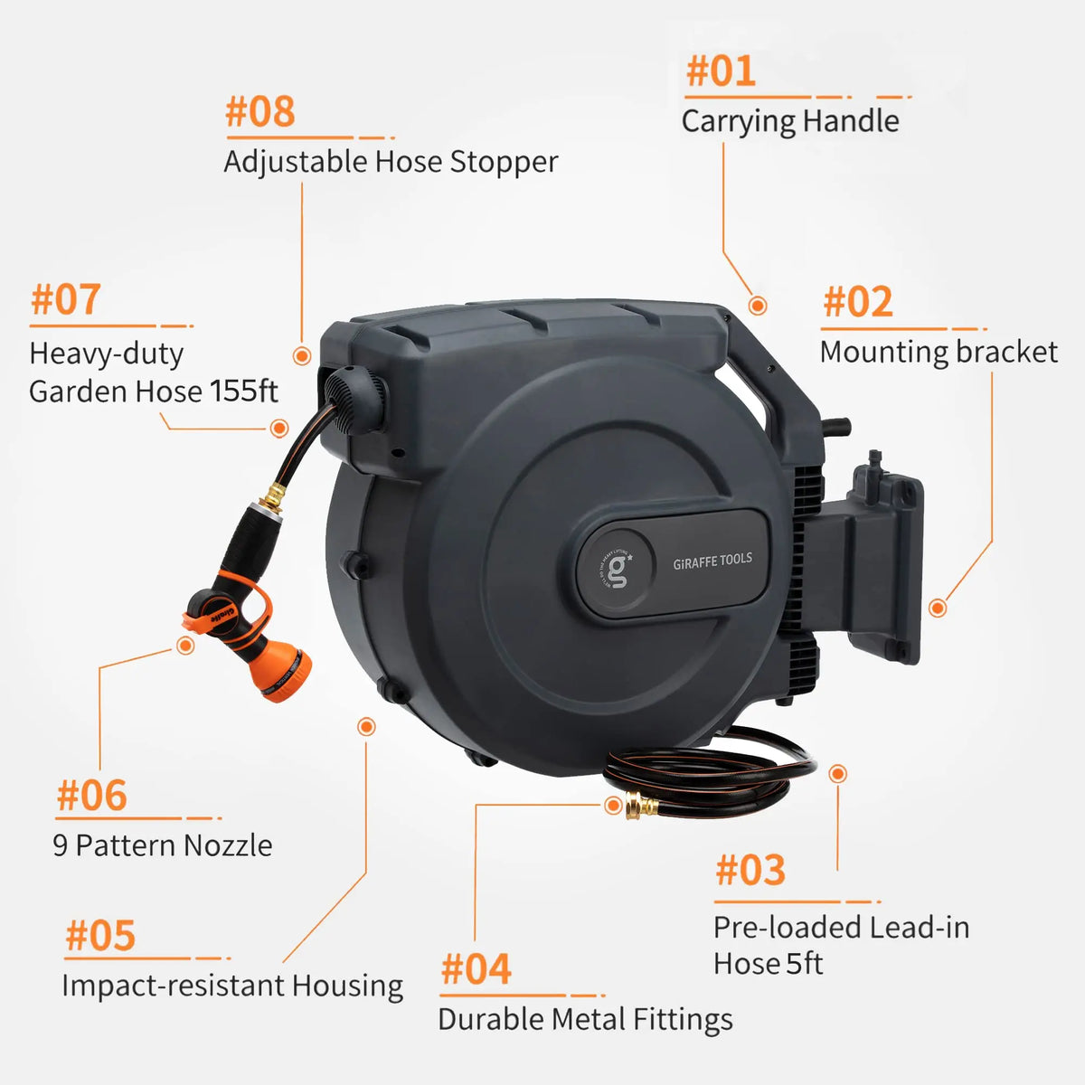 Giraffe Tools Retractable Garden Hose Reel 1/2 Inch x 155 with 5 ft Leader Hose, Heavy Duty, Any Length Lock, Slow Return System, Wall Mounted and 180 Deg Swivel Bracket