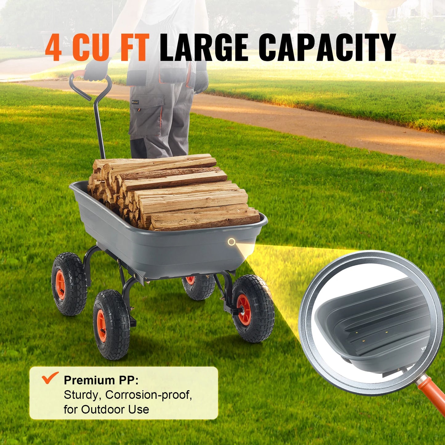 SucceBuy Poly Garden Dump Cart With 2 In 1 Convertible Handle