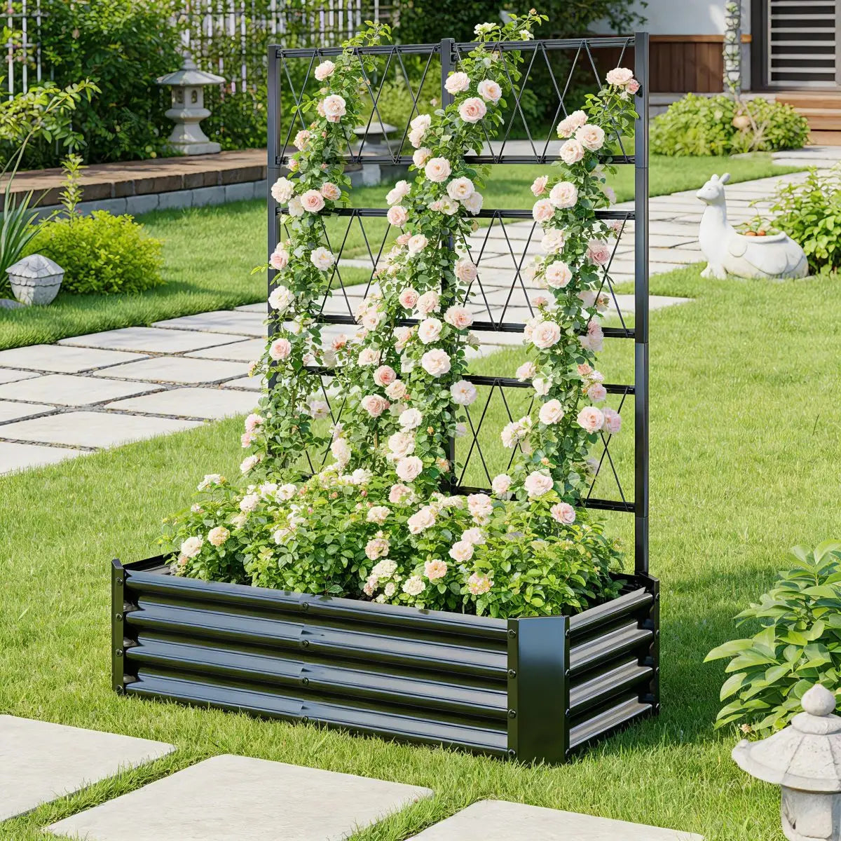 4x2x1FT Galvanized Raised Garden Bed with Arch Trellis for Climbing Vegetables Tomato Cucumber Bean, Heavy Duty Metal Raised Garden Bed Outdoor, Black