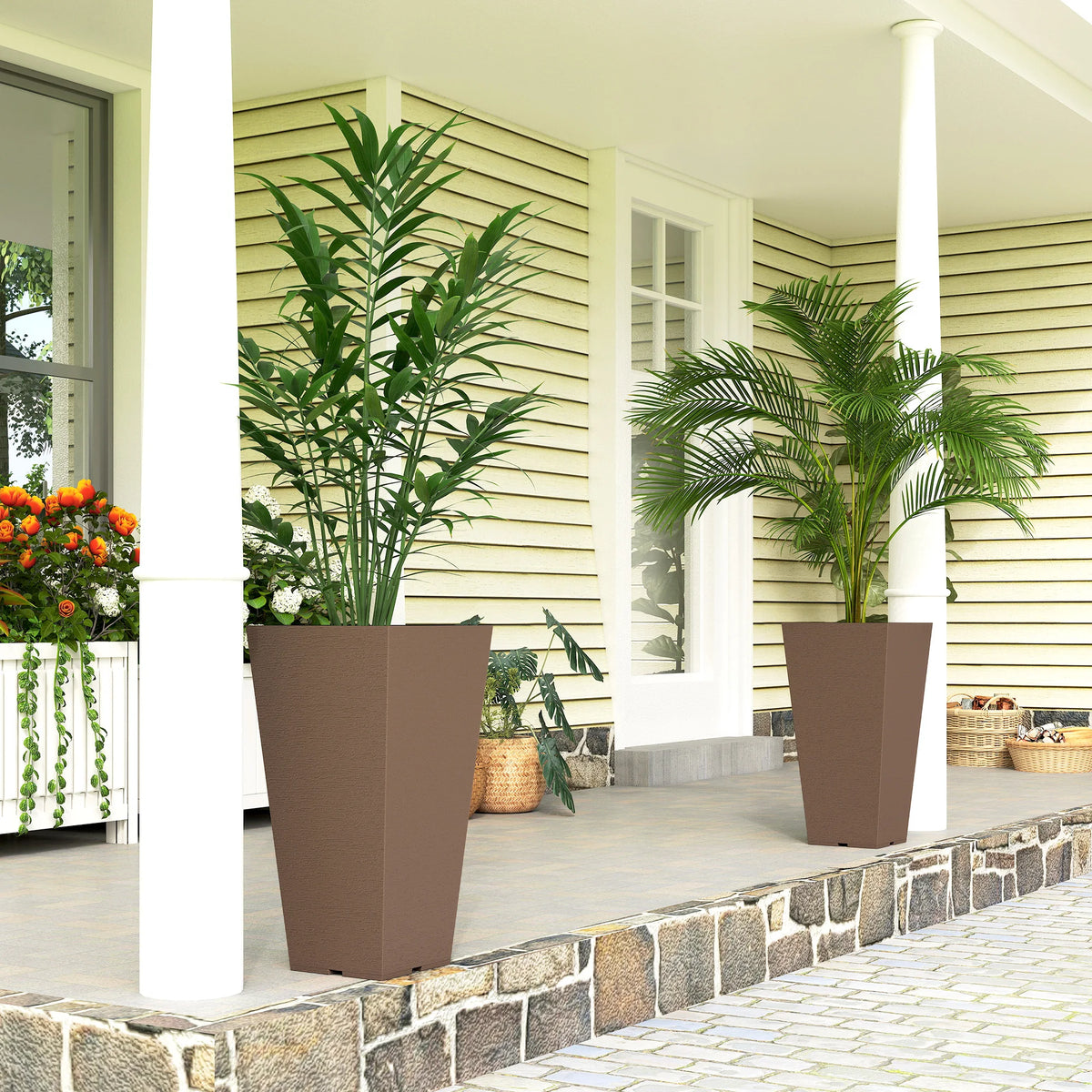 23 Inch Tall Planters, Set of 2 Tapered Outdoor Planters, Brown