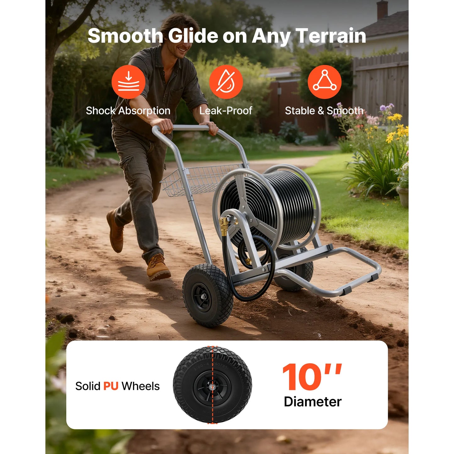 SucceBuy Water Hose Reel Cart 200/300ft High-Pressure Garden Hose Cart with Two Wheels Handle & Mesh Storage Basket for Garden