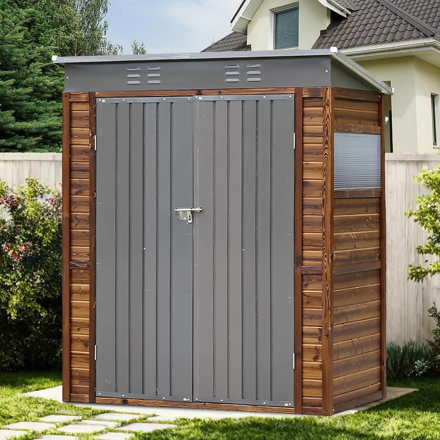 Outdoor Storage Shed With Windows Wood And Metal Waterproof Garden