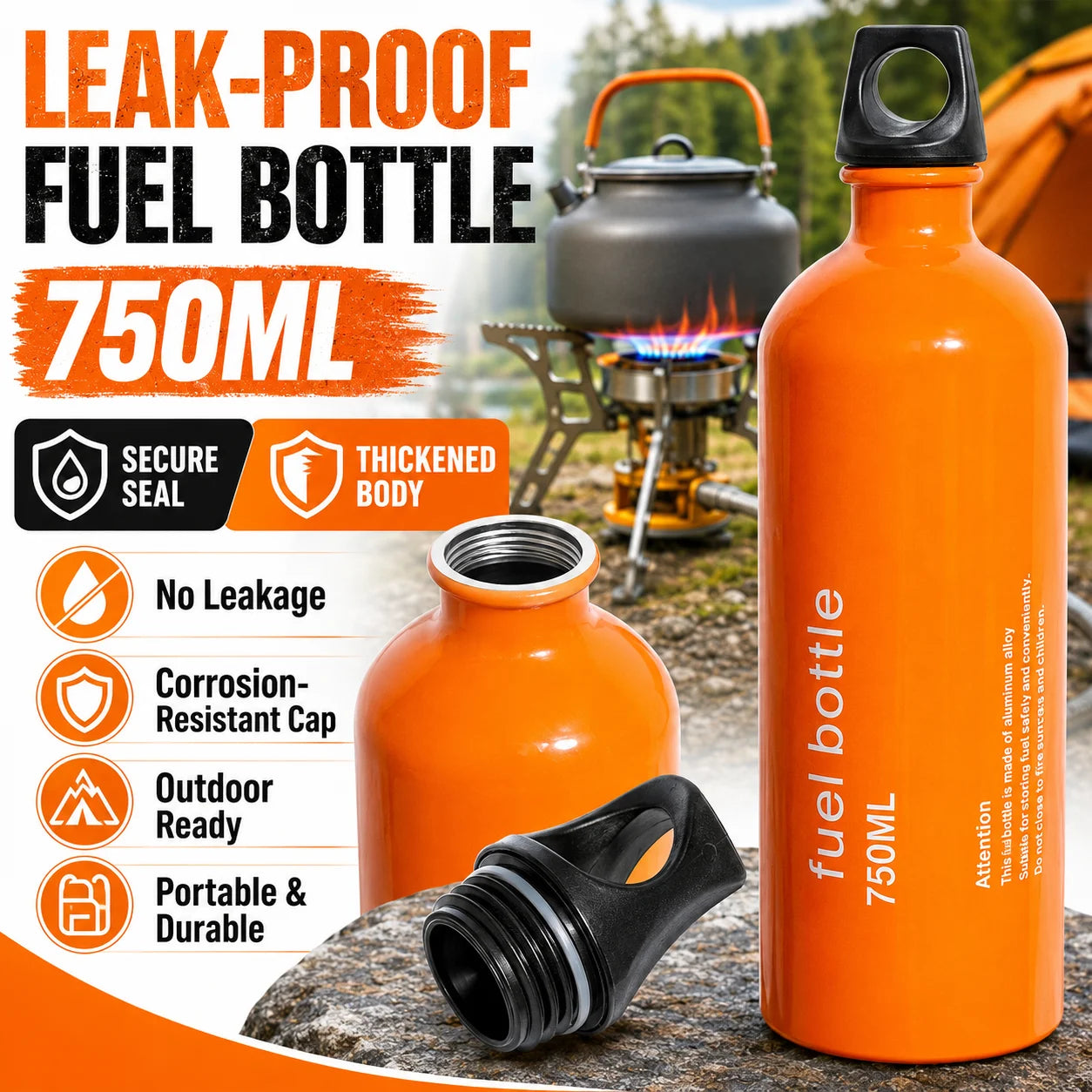 Aluminum Fuel Bottle 750ml Leakproof Portable for Camping and Hiking