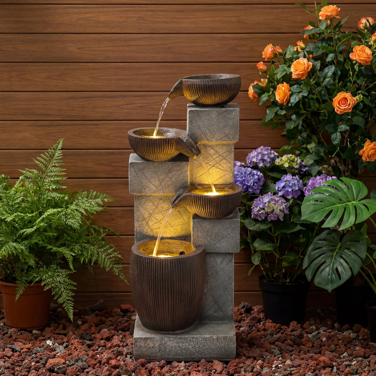 Plugin Powered 4-Tier Cascading Water Fountain with LED Lights, 14.8''W X 14.4''D X 31.5''H, Modern Stone & Bowl Resin Water Feature, Adjustable Flow Pump, Weather-Resistant for Patio, Backyard & Garden Decor