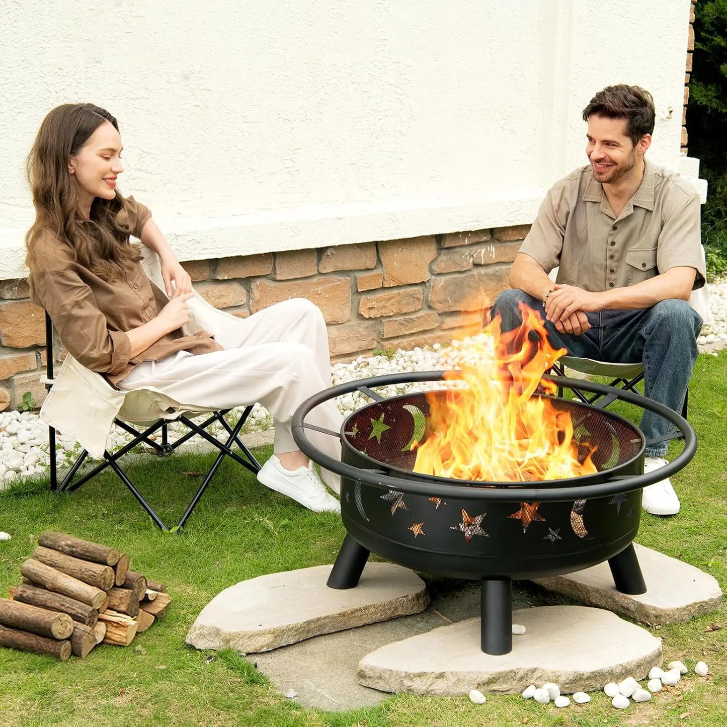 Round Fire Pit With Mesh Cover Star Moon Design Outdoor
