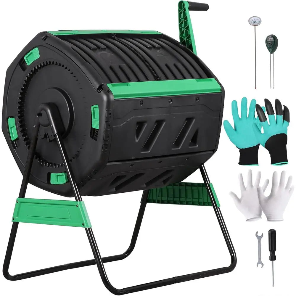 Octagonal Dual-Chamber Compost Tumbler With Thermometer Soil Tester Gloves