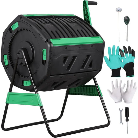 Octagonal Dual-Chamber Compost Tumbler With Thermometer Soil Tester Gloves