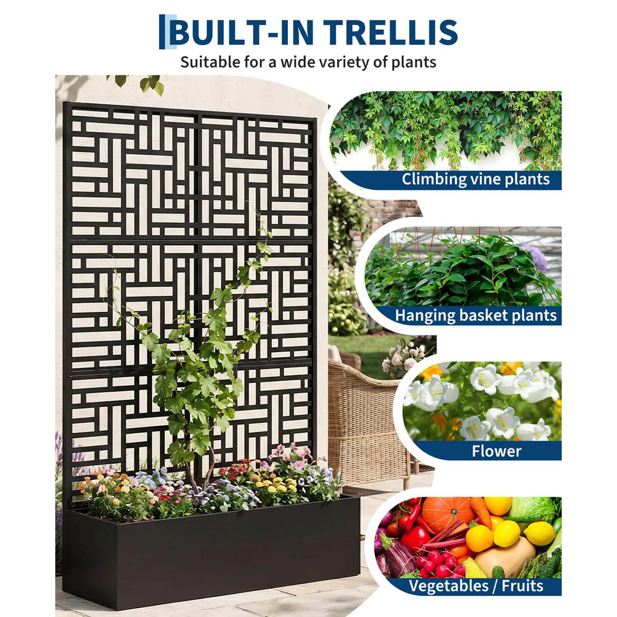71in Tall Metal Raised Planter Box with Trellis & Privacy Screen Divider - Carbon Steel Outdoor Garden Bed - Drainage Holes - For Climbing Plants, Vines & Vegetables