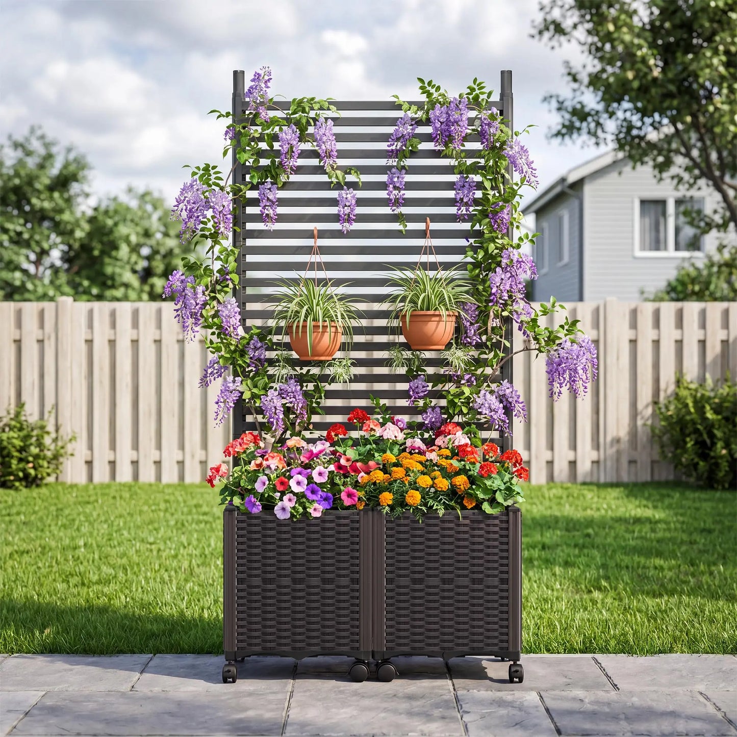 HiMISS Outdoor Planter Box With Trellis Wheels Privacy Screen