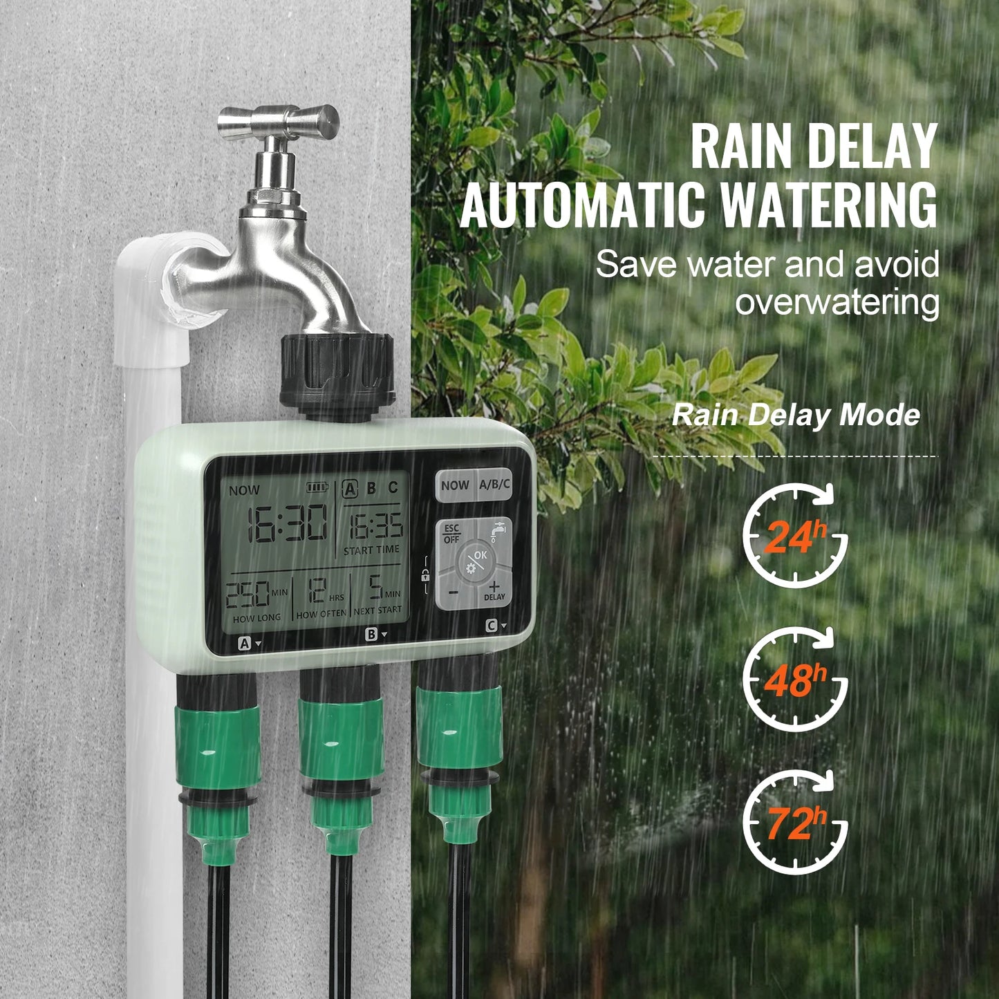 SucceBuy Water Timer 3 Outlets LCD Display Rain Delay Sprinkler Timer
