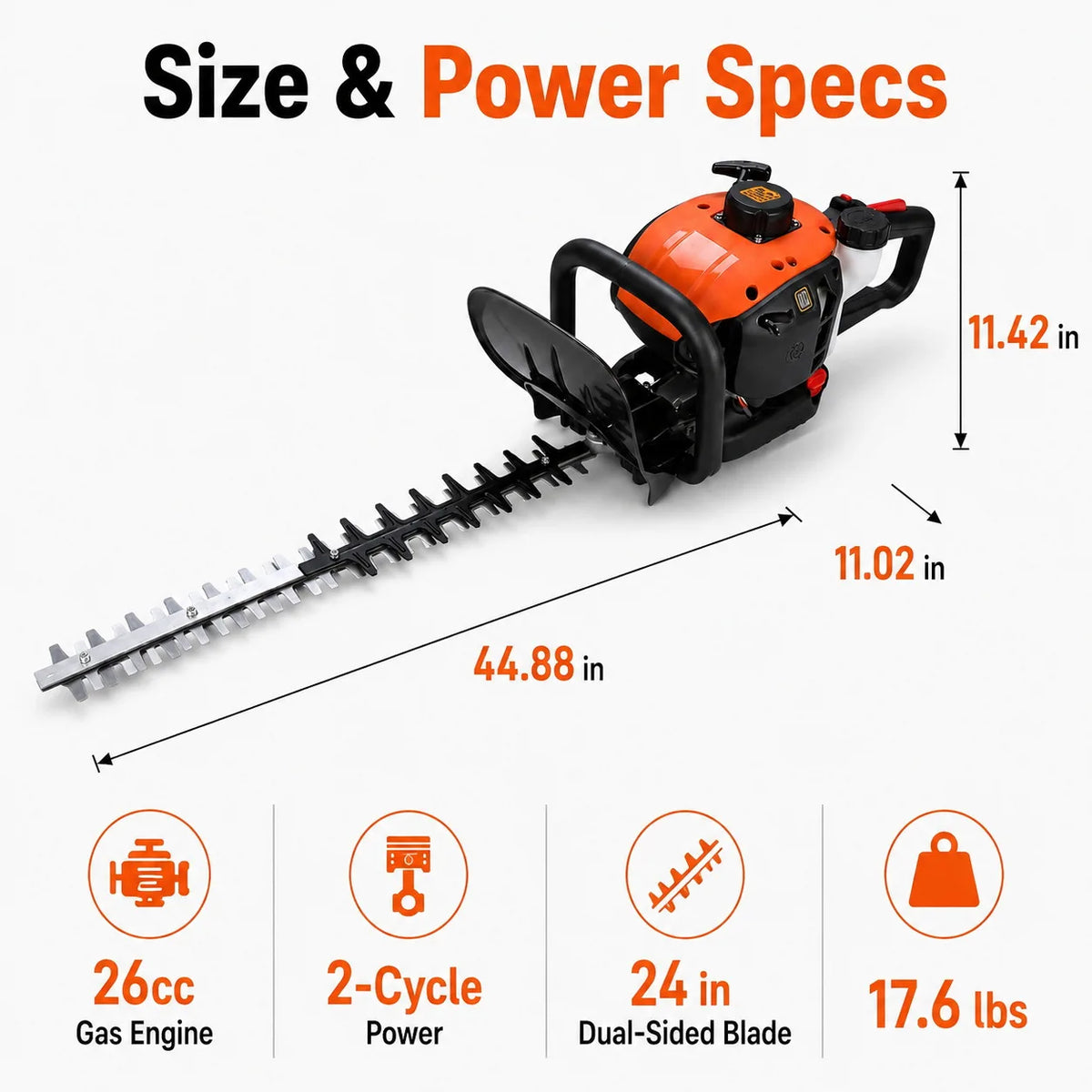 26cc Gas Hedge Trimmer 24 Inch Dual Sided Blade 2 Cycle Engine Garden Trimming Tool for Shrubs Hedges Bushes Yard Maintenance Outdoor Landscaping