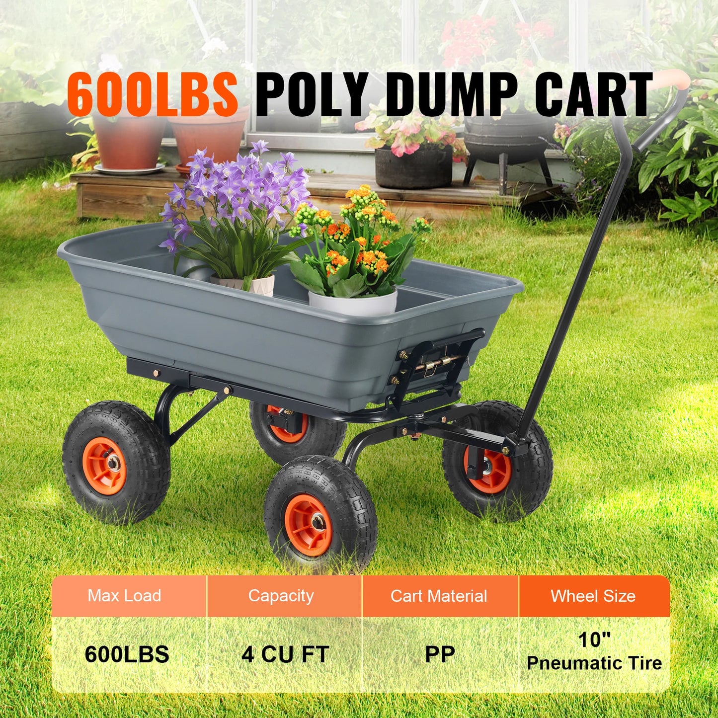 SucceBuy Poly Garden Dump Cart With 2 In 1 Convertible Handle