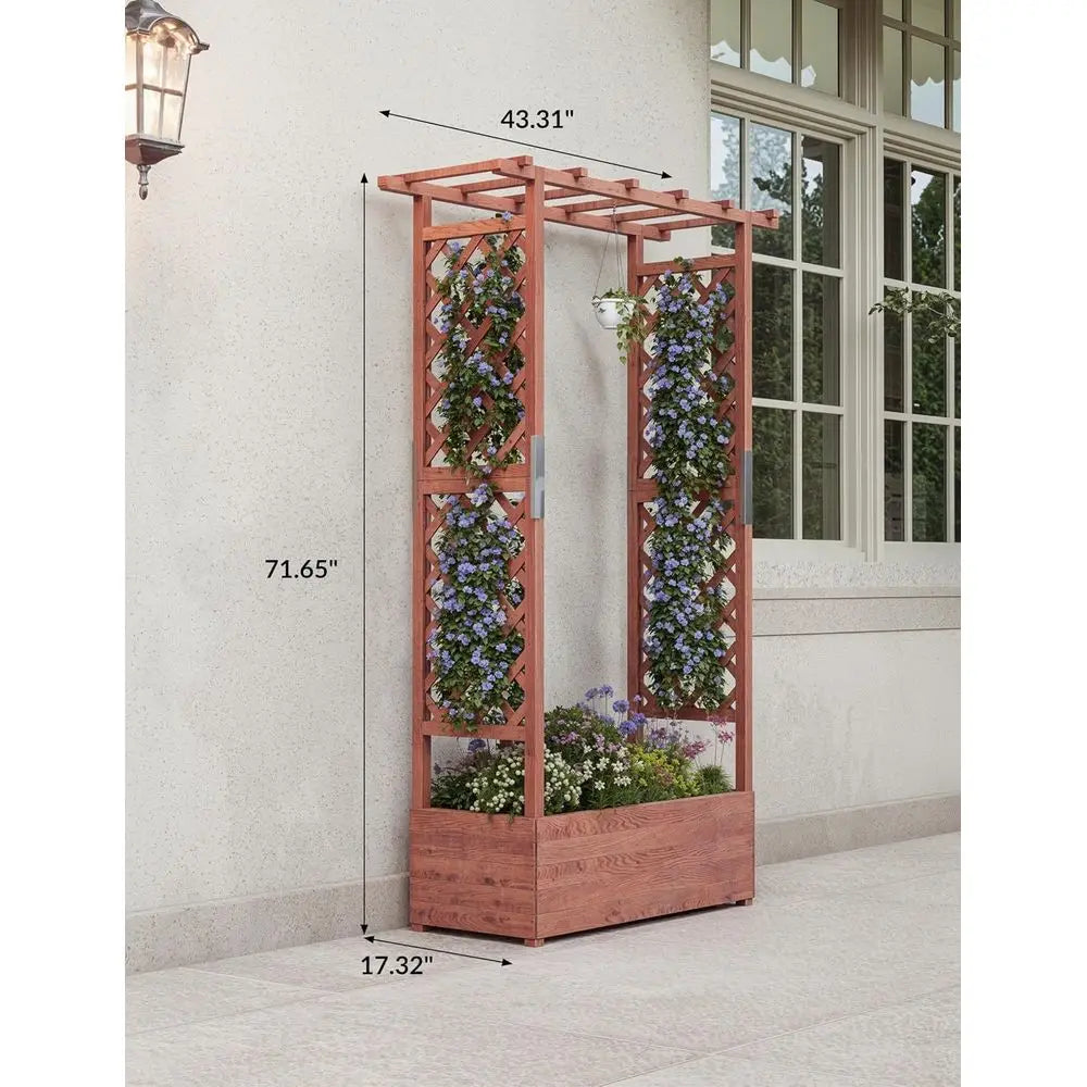 GarveeLie Raised Garden Bed with Trellis, 45 in Wood Planter Box with Side Trellis, Hanging Roo, and 4 Drainage Holes, reestandi