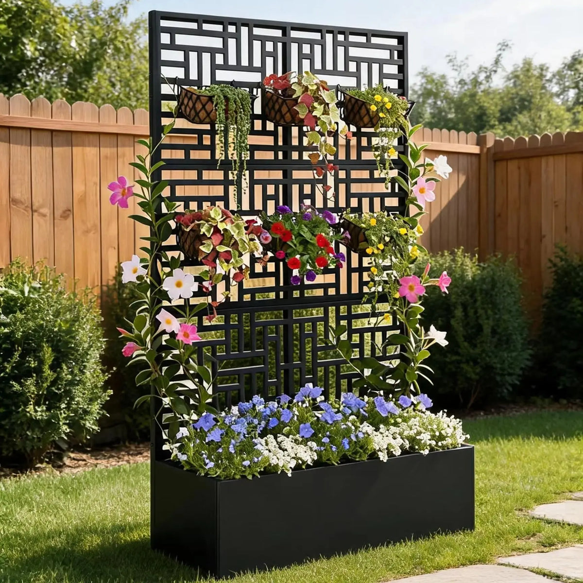 71in Tall Metal Raised Planter Box with Trellis & Privacy Screen Divider - Carbon Steel Outdoor Garden Bed - Drainage Holes - For Climbing Plants, Vines & Vegetables