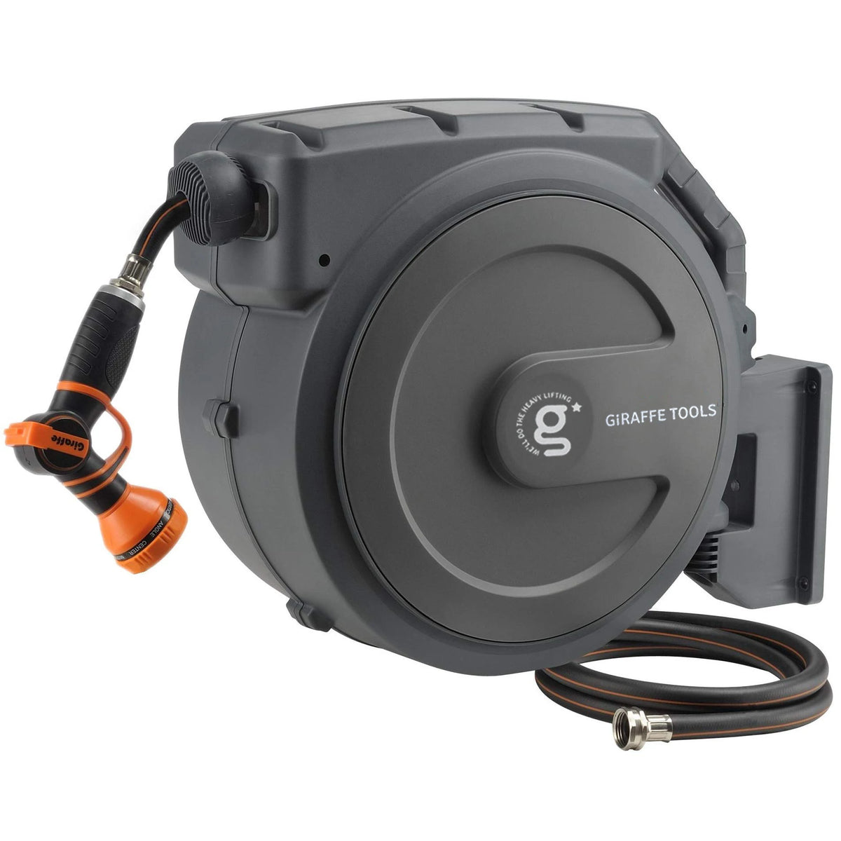 Giraffe Tools Retractable Garden Hose Reel 1/2 Inch X 130 ft, Super Heavy Duty, Any Length Lock, Slow Return System, Wall Mounted and 180 Deg Swivel Bracket
