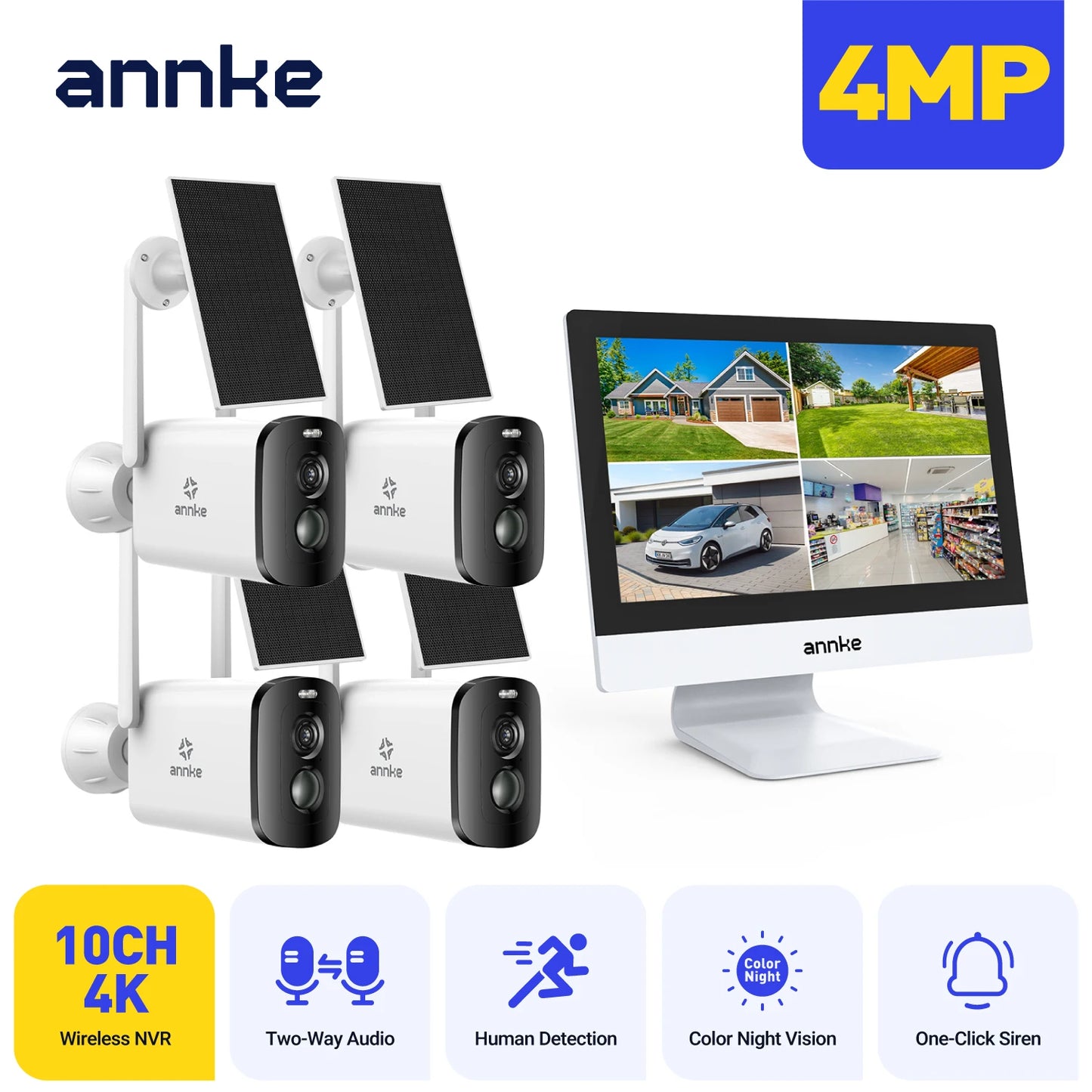 Annke 4MP solar security cameras 10CH 12 in LCD 2.4G 5.8G PTZ wifi security cameras PIR color night vision camera security wifi