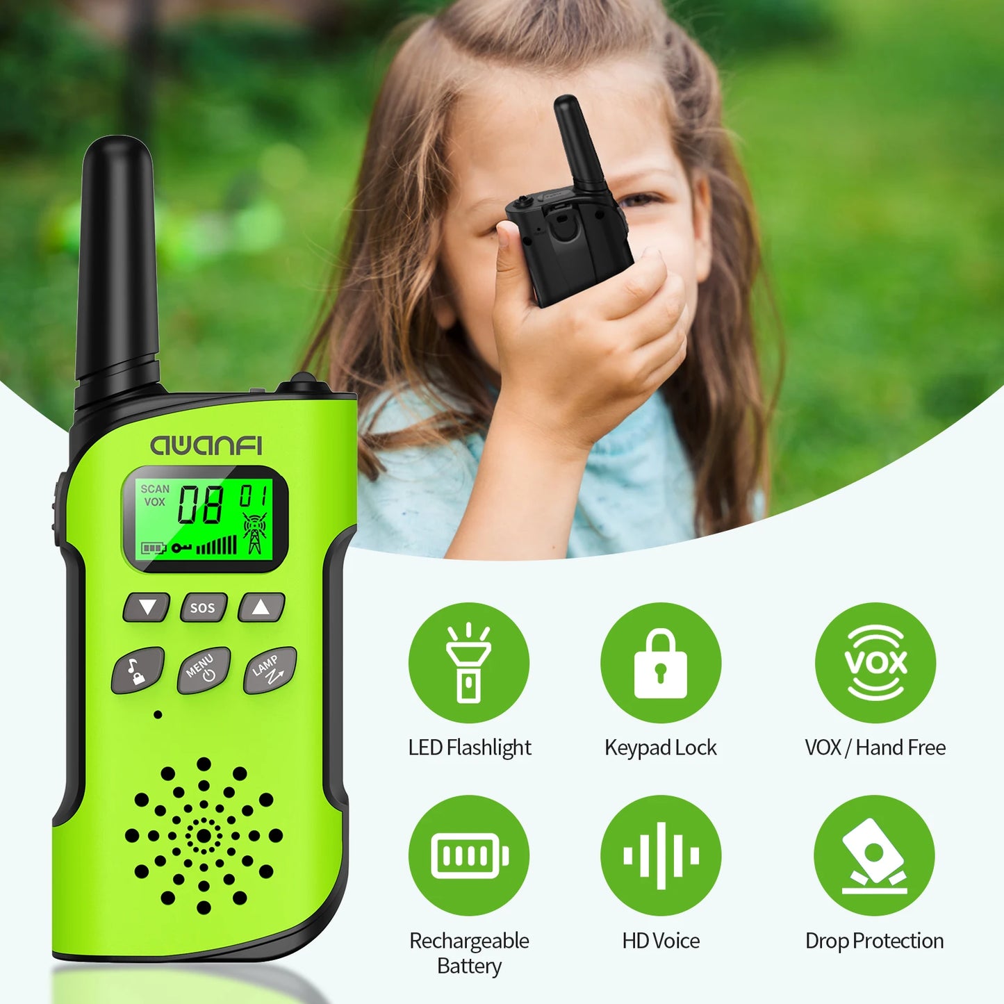 AWANFI Walkie Talkies 4 Pack Rechargeable 8 Channel USB C