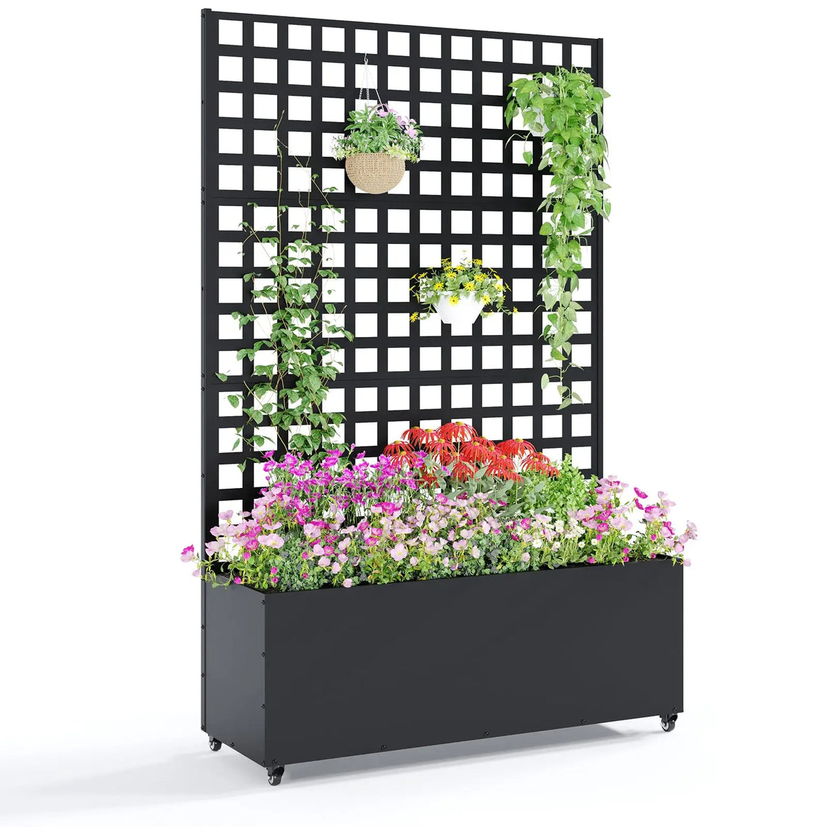 71in Metal Planter Box Trellis With Wheels Raised Garden Bed Privacy Screen For Climbing Plants Vegetables Vines Patio Balcony