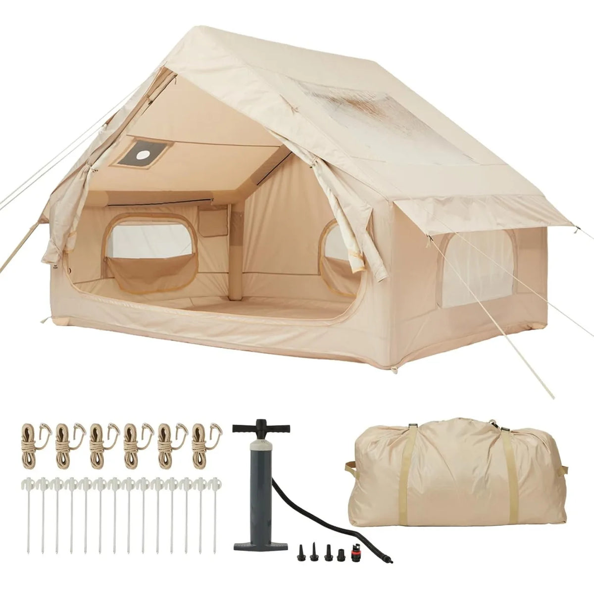 Inflatable Camping Tent 4 Person 4 Season Waterproof Family Air Tent with Hand Pump 5 Min Setup Stove Jack Mesh Windows Skylight 210D Oxford Fabric 63 Sq Ft Floor Portable for Hiking Fishing Beach Fall Winter