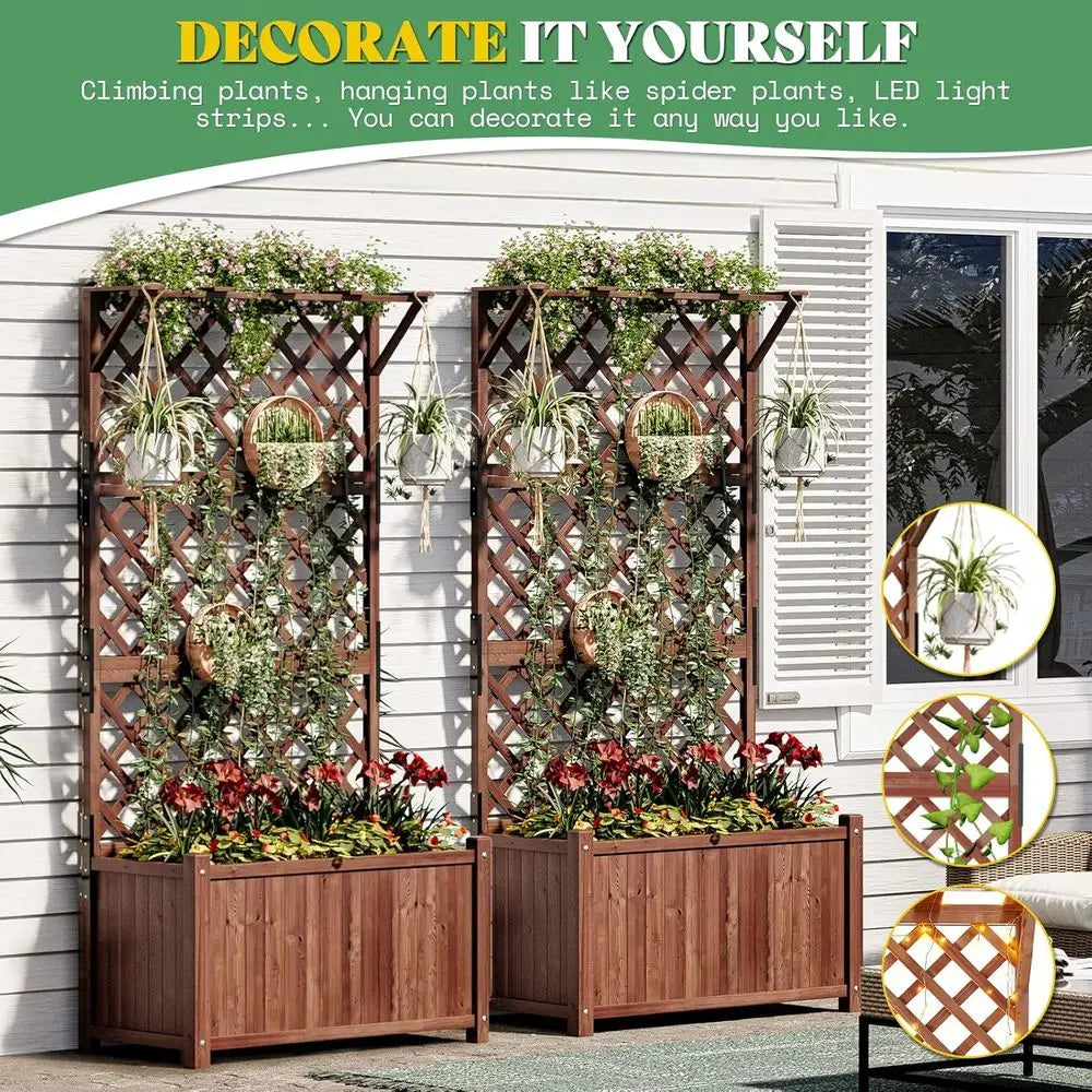 Raised Garden Beds with Trellis by AMERLIFE - 2-Pack Wooden Planters for Vegetables and Climbing Plants, Durable, Drainage Holes
