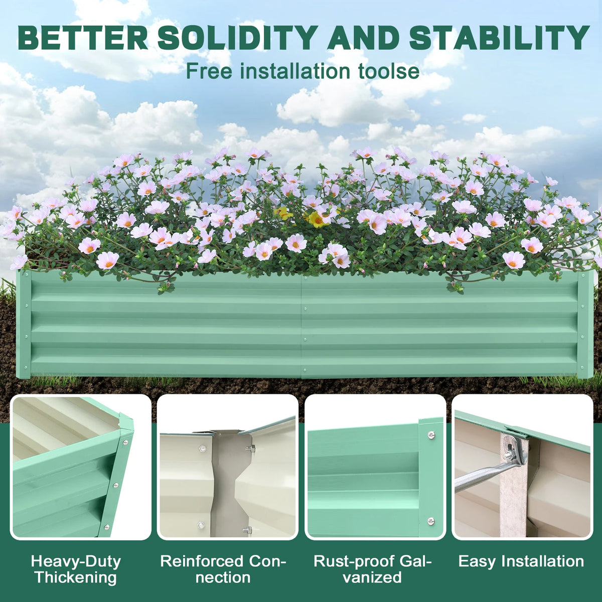 6×3×1ft Galvanized Metal Raised Garden Bed, 2FT Deep Root Elevated Planter Box Steel Large Vegetable Flower Bed Kit Light Green Silver Black