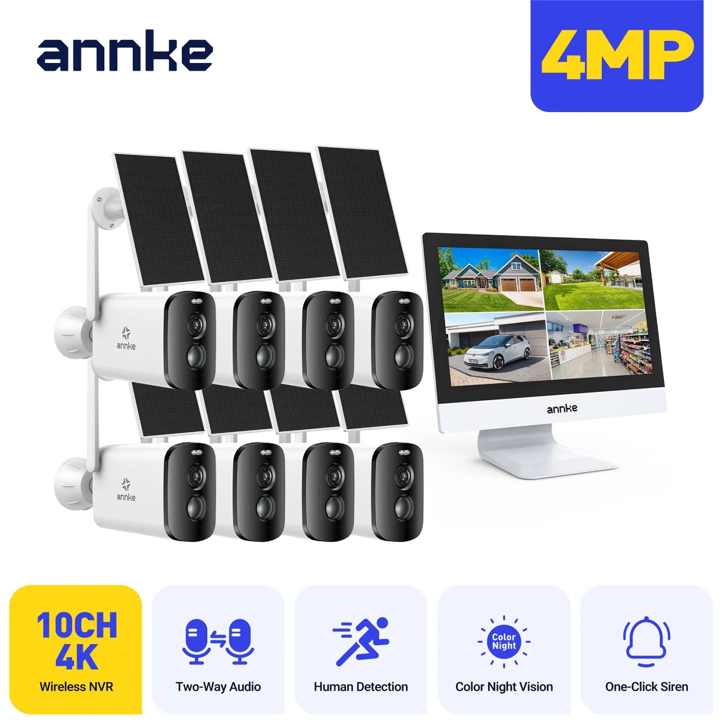 Annke 4MP solar security cameras 10CH 12 in LCD 2.4G 5.8G PTZ wifi security cameras PIR color night vision camera security wifi