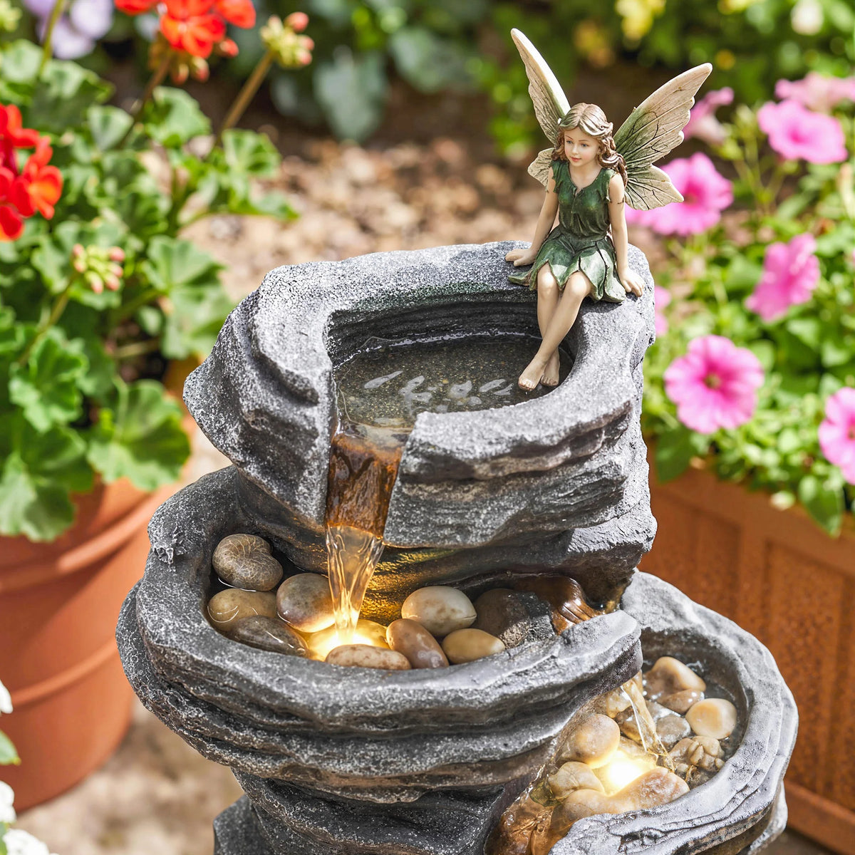 Outsunny Outdoor Fountain with Cascading Waterfall, 40", Gray