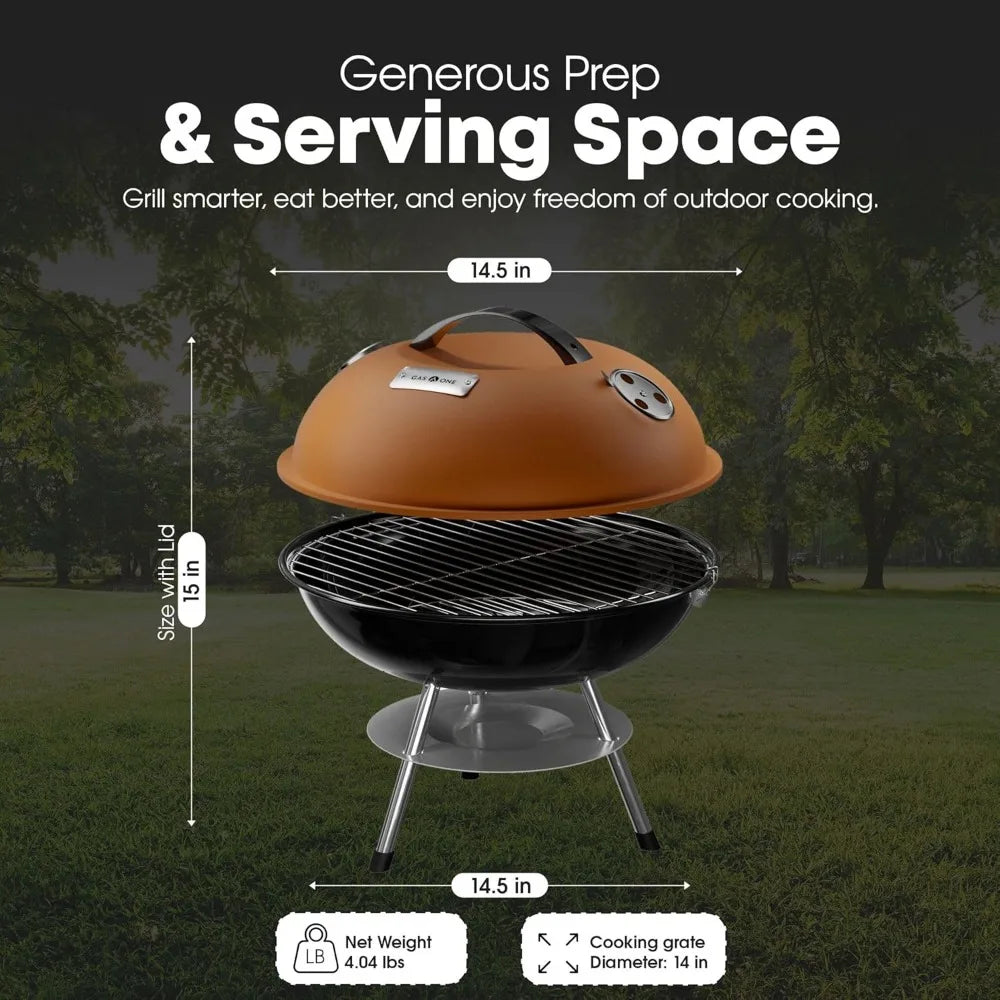14" Portable Charcoal Grill w/Thermometer, 3-Lock Lid, Dual Vents, Compact for Backyard Camping Boat