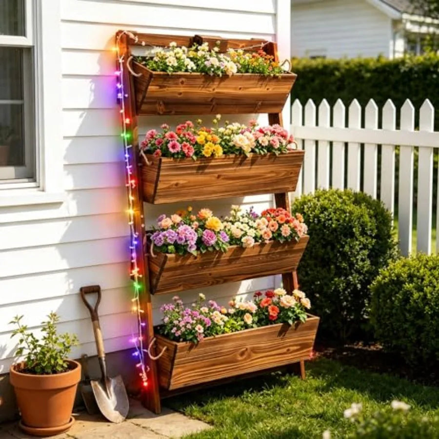 Outdoor Vertical Garden Planter For Herbs And Flowers, Wooden 4-Tier Wall-Leaning Design With Led Lights And Drainage, Natural