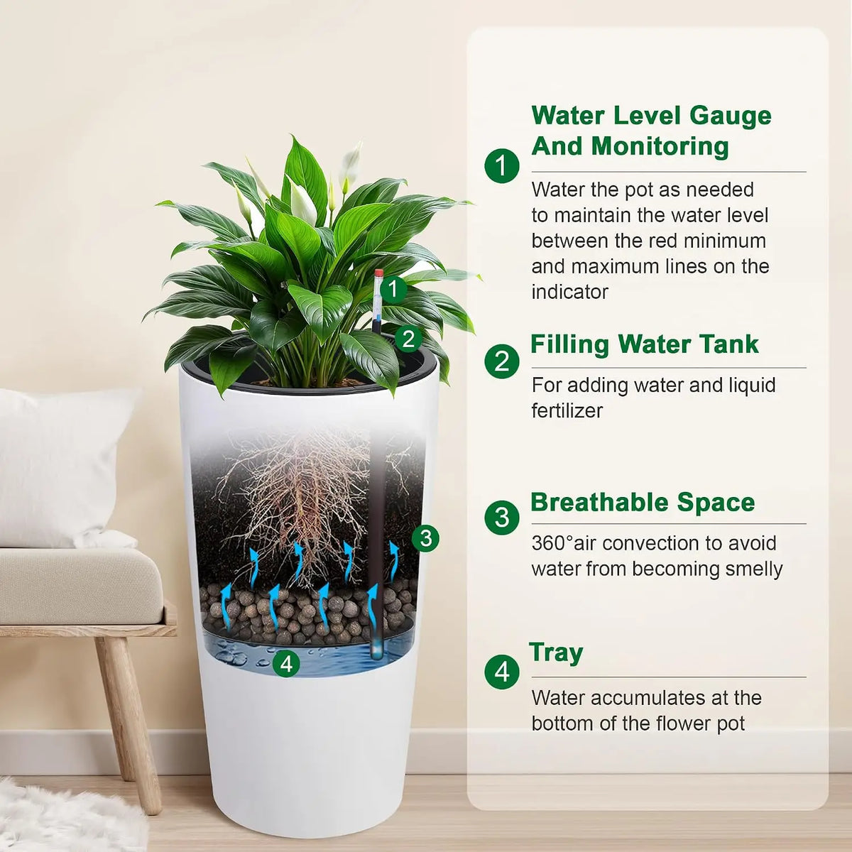 Tacleekii 30 in Planters Set of 2  Outdoor & Indoor Planters with Water Level Monitor ＆ Inner Bucket Automatic Watering  Self-Watering with Reservoir for Porch Backyard Patio