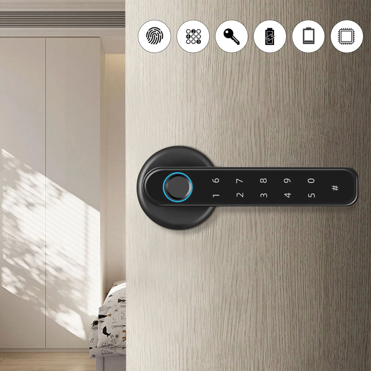 Black Fingerprint Smart Door Lock Biometric Access with Multi-Function Handle