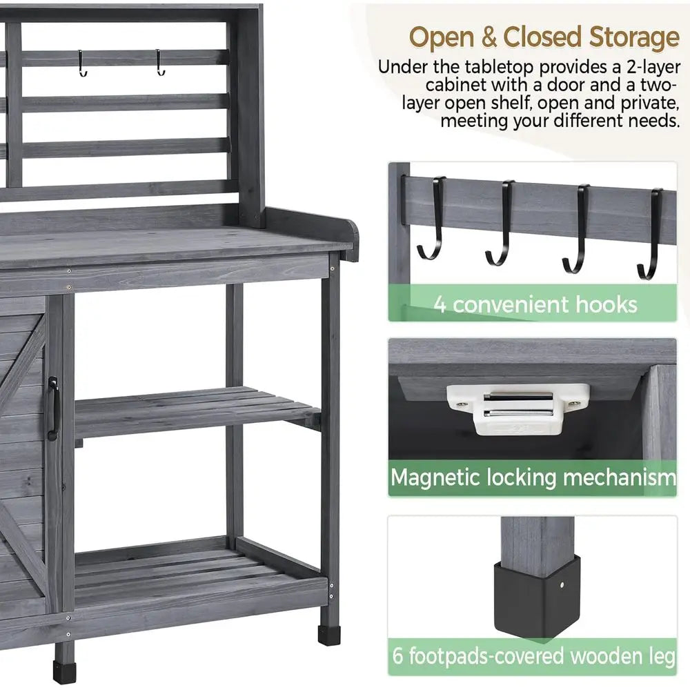 Outdoor Potting Bench Work Table With Storage Cabinet Shelves Planting